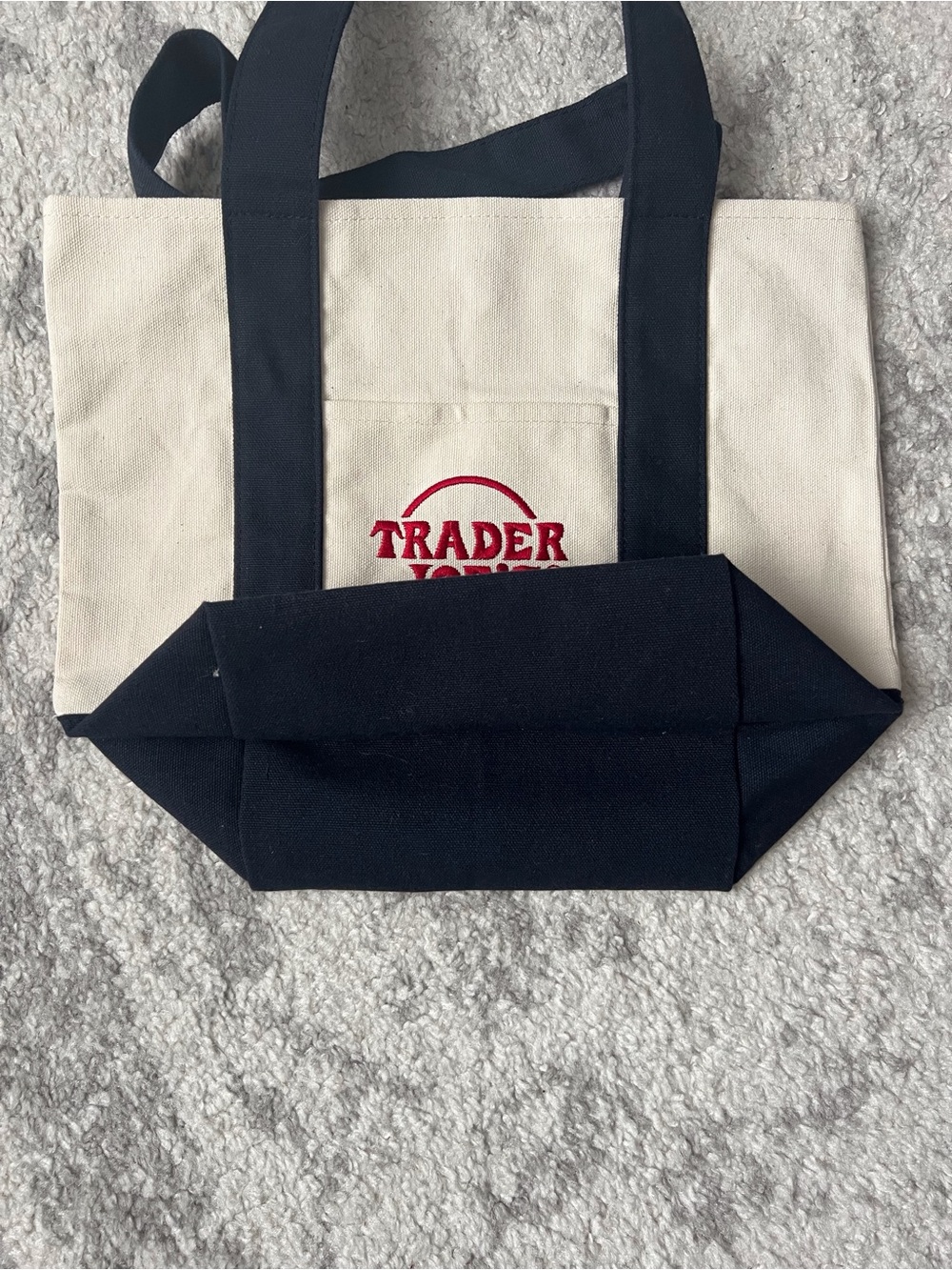 Trader Joe's Mini Tote Bag Shopper Navy Cream Trending Small 13 inch Canvas - Picture 6 of 6